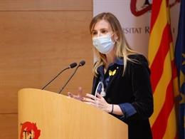 La consellera de Acción Exterior y Gobierno Abierto de la Generalitat, Victria Alsina, en la clausura el 20 de enero de 2022 de la mesa redonda 'Salud y modelo social europeo' en la URV, Tarragona.