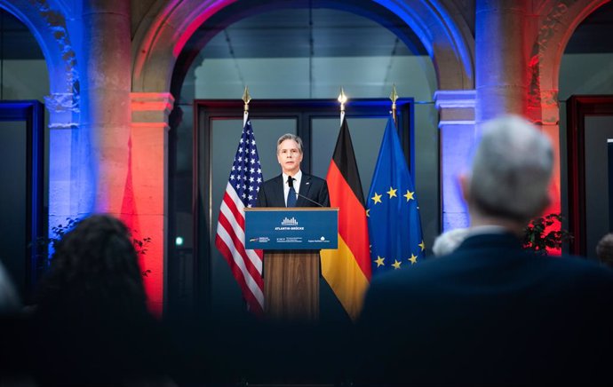 20 January 2022, Berlin: USSecretary of State Antony Blinken, speaks at a joint event hosted by the German Marshall Fund, the American Council on Germany, Atlantik-Bruecke, and the Aspen Institute, at the Berlin-Brandenburg Academy of Sciences and Huma