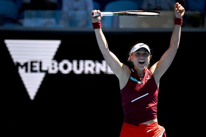 Paula Badosa of Spain celebrates winning her third round Womens singles match against Marta Kostyuk of Ukraine on Day 5 of the Australian Open, at Melbourne Park, in Melbourne, Friday, January 21, 2022. (AAP Image/Dean Lewins) NO ARCHIVING, EDITORIAL U
