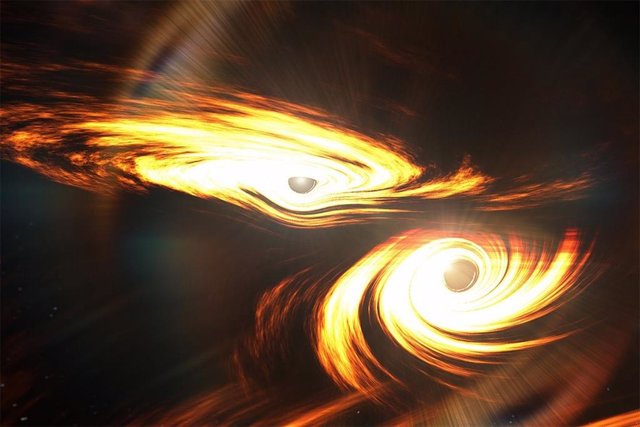 Ilustración de dos agujeros negros en proceso de colisión