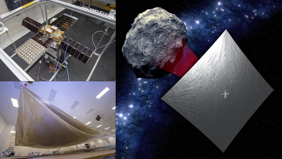 NEA Scout se compone de un pequeño CubeSat del tamaño de una caja de zapatos (arriba a la izquierda) y una vela solar delgada y recubierta de aluminio del tamaño de una cancha de ráquetbol (abajo a la izquierda).