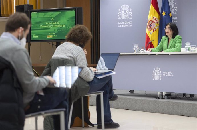 La ministra de Sanidad, Carolina Darias, presenta el balance de actividad de donación y trasplantes de 2021, en la sede del Ministerio, a 21 de enero de 2022, en Madrid (España).