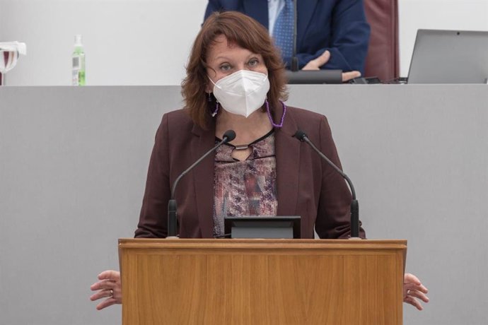 La portavoz regional de Podemos, María Marín, interviene en una sesión plenaria de la Asamblea regional