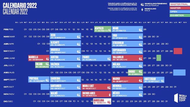 Calendario oficial de la temporada 2022 del World Padel Tour (WPT)
