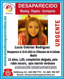 Lucía Cebrían Rodríguez, la joven desaparecida de 13 años de Villanueva de la Cañada.
