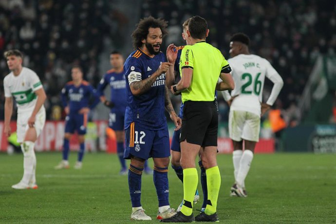 Marcelo Vieira Da Silva of Real Madrid protest to Figueroa Vazquez, referee of the match during Copa del Rey football match played between Elche CF and Real Madrid at Martinez Valero stadium on January 20, 2022, in Elche, Alicante, Spain.