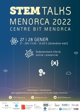 Cartel de las jornadas divulgativas STEM Talks que se celebrará en CentreBit Menorca los días 27 y 28 de enero.