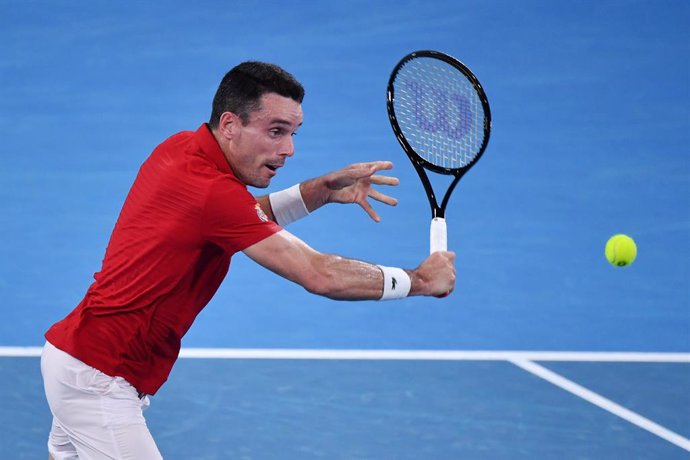 Roberto Bautista Agut of Spain  in action during the ATP Cup Final against Felix Auger-Aliassime of Canada on Day 9 of the ATP Cup tennis tournament at Ken Rosewall Arena in Sydney, Sunday, January 9, 2022. (AAP Image/Dean Lewins) NO ARCHIVING, EDITORIA