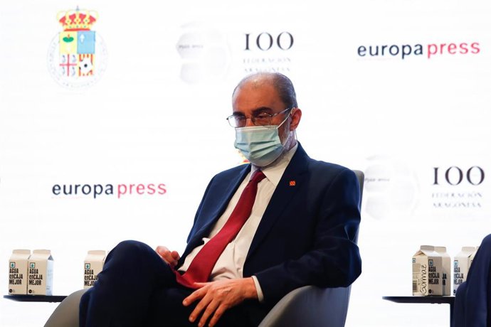 El presidente del Gobierno de Aragón, Javier Lambán, en el Encuentro Deportivo de Europa Press, celebrado este jueves en Madrid.