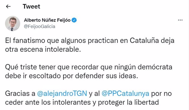 Mensaje publicado por el líder del PP gallego en su perfil de Twitter