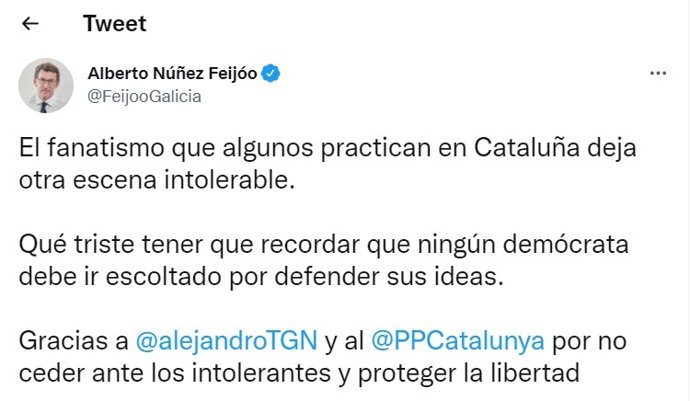 Mensaje publicado por el líder del PP gallego en su perfil de Twitter
