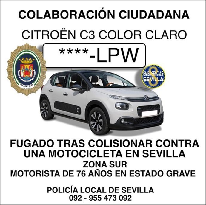 La Policía Local de Sevilla pide colaboración para localizar a un conductor huido que dejó herido grave a un motorista