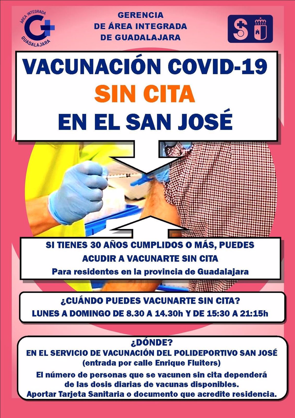 Vacunación sin cita en el Polideportivo San José de Guadalajara para dosis  de refuerzo en mayores de 30