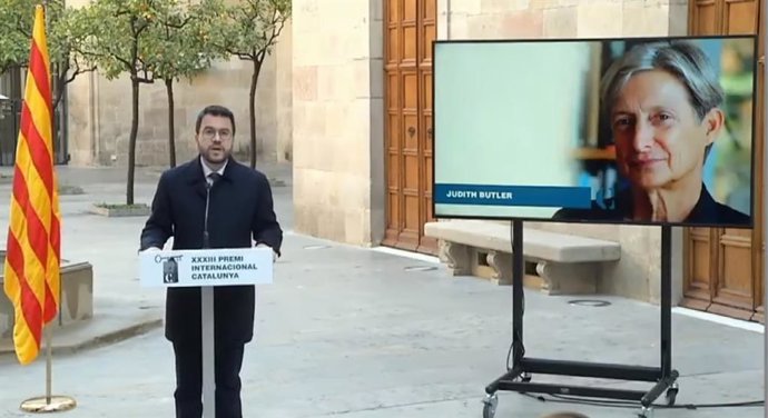 El president de la Generalitat, Pere Aragons, anuncia la concessió del Premi Internacional Catalunya a la filsofa i activista Judith Butler.