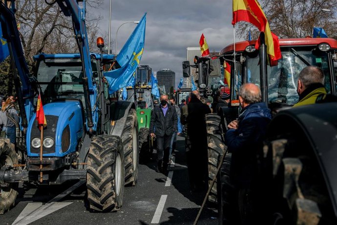 Varios tractores con banderas de Asturias y de España junto a manifestantes en la movilización en defensa del campo y del mundo rural y la futura Ley de Protección Animal, en el Paseo de la Castellana, a 23 de enero de 2022, en Madrid.