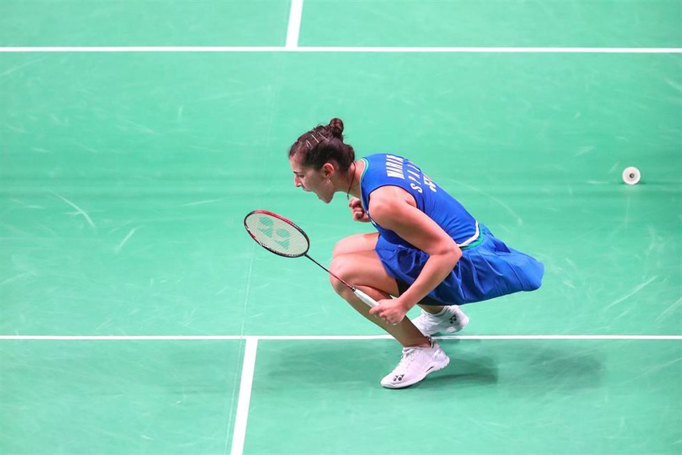 Archivo - Carolina Marín celebra una victoria en el Europeo de Bádminton de 2021