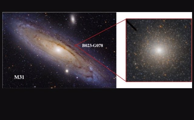 El panel izquierdo muestra una imagen de campo amplio de M31 con el cuadro rojo y un recuadro que muestra la ubicación y la imagen de B023-G78 donde se encontró el agujero negro.