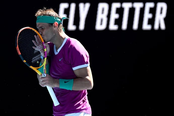 Rafael Nadal of Spain during his Mens singles quarterfinal match against Denis Shapovalov of Canada on Day 9 of the Australian Open, at Melbourne Park, in Melbourne, Tuesday, January 25, 2022. (AAP Image/Dean Lewins) NO ARCHIVING, EDITORIAL USE ONLY