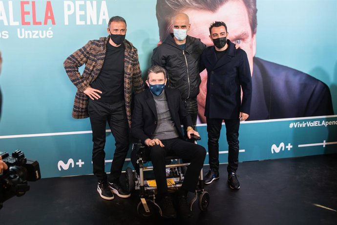 Josep Guardiola, Luis Enrique, Xavi Hernandez and Juan Carlos Unzue attend during the photocall of presentation of Vivir ValeEla pena, documentary of Juan Carlos Unzue at Hospital de Sant Pau, Barcelona, Spain.
