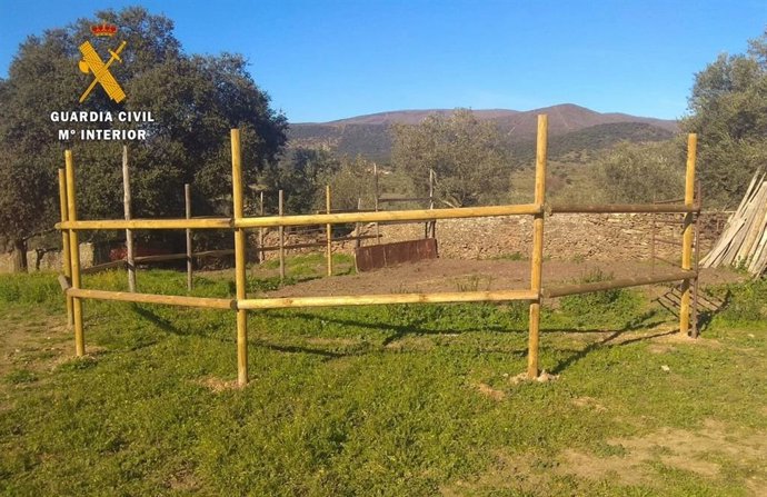 Postes rescuperados que el investigado había utilizado para construir un picadero de caballos.