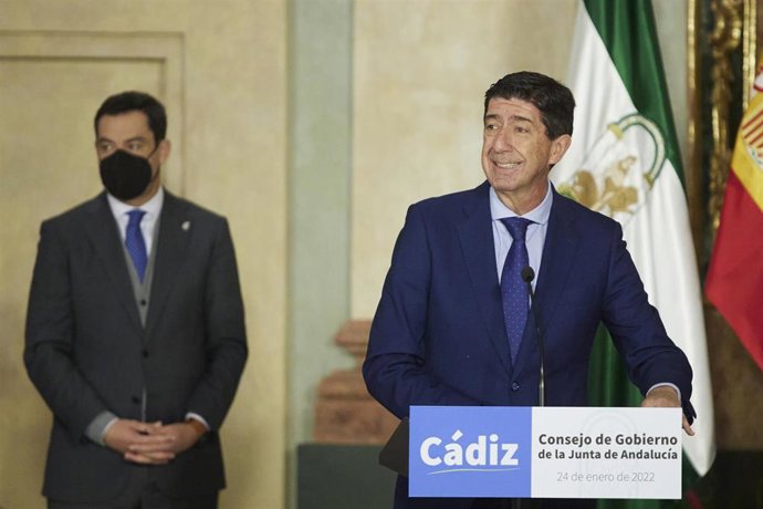 El vicepresidente de la Junta, Juan Marín, en rueda de prensa tras el Consejo de Gobierno en el Oratorio de San Felipe Neri, a 24 de enero de 2022 en Cádiz (Andalucía, España) (Foto de archivo).
