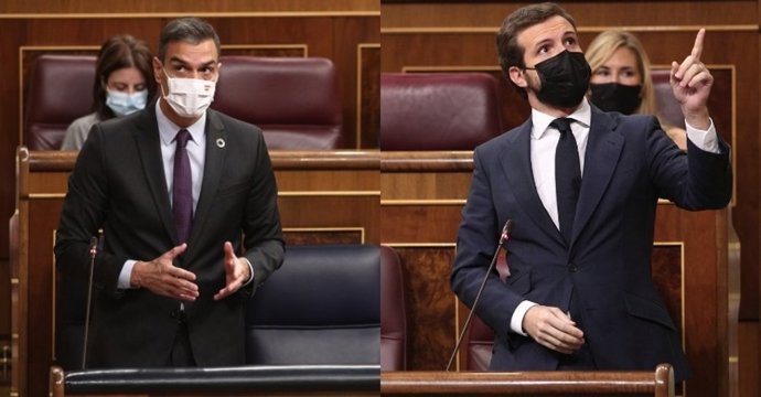 Archivo - Montaje fotográfico de las intervenciones del presidente del Gobierno, Pedro Sánchez, y del líder del PP, Pablo Casado, durante la sesión de control al Gobierno en el Congreso