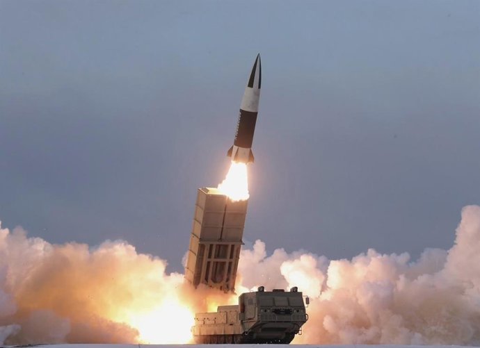 HANDOUT - 18 January 2022, North Korea, ---: A screen grab from the North Korea's Central TV shows one of two tactical guided missiles that the North test-fired from a transporter erector launcher toward an island target in the East Sea. The missile app