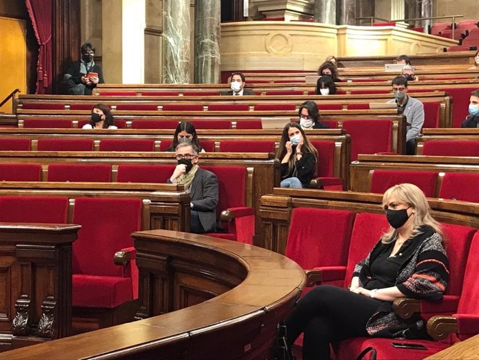 El pleno del Parlament, con la consellera de Derechos Sociales de la Generalitat, Violant Cervera, con otros diputados, el 27 de enero. 