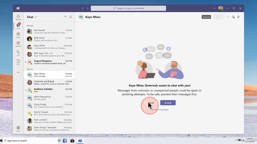 Chat en Teams entre empleados de una organización y personas externas
