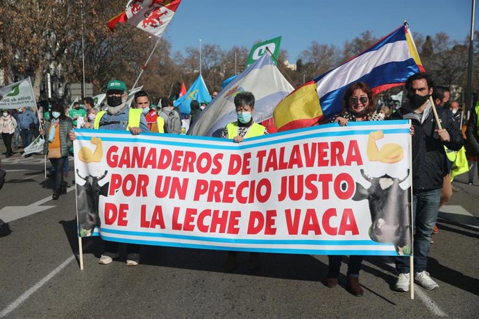 Ganaderos se manifiestan con pancartas en una marcha en Madrid