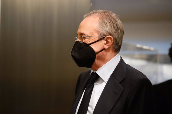 Florentino Perez is seen during the burning chapel of ex player of Real Madrid, Paco Gento, at the Palco de Honor of the Santiago Bernabeu Stadium on January 19, 2021, in Madrid, Spain.