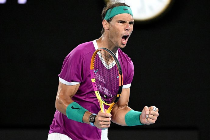 Rafael Nadal of Spain gestures after winning the first set during his Mens semifinal match against Matteo Berrettini of Italy on Day 12 of the Australian Open, at Melbourne Park, in Melbourne, Friday, January 28, 2022. (AAP Image/Dave Hunt) NO ARCHIVIN