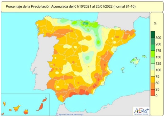Las lluvias acumuladas en el primer cuatrimestre del año hidrológico están un 33 por ciento por debajo de los valores normales de precipitación. Es un inicio de año hidrológico de los cinco más secos del siglo XXI.