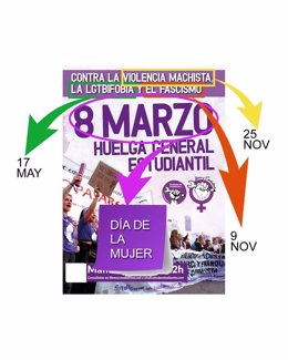 Cartel de Confluencia Feminista sobre la convocatoria del Sindicato de Estudiantes el 8M