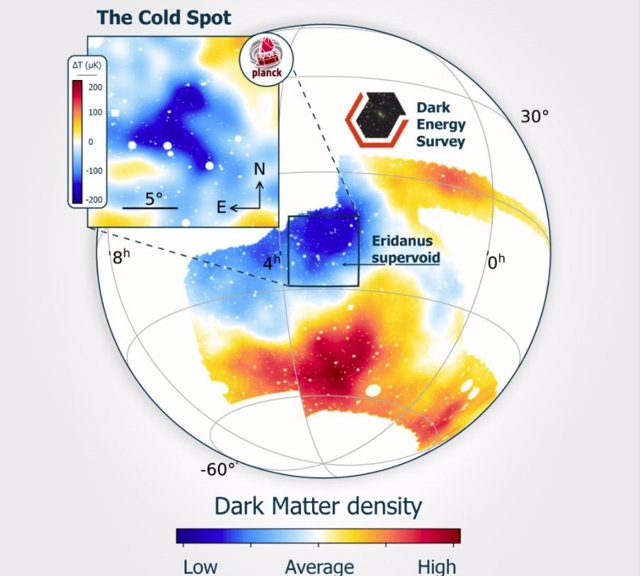 El Punto Frío reside en la constelación de Eridanus en el hemisferio sur galáctico. El recuadro muestra el mapa de temperatura de microondas de esta parte del cielo.