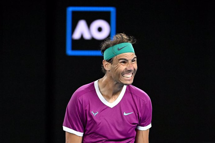 Rafael Nadal of Spain celebrates after winning his Mens semifinal match against Matteo Berrettini of Italy on Day 12 of the Australian Open, at Melbourne Park, in Melbourne, Friday, January 28, 2022. (AAP Image/Dave Hunt) NO ARCHIVING, EDITORIAL USE ON
