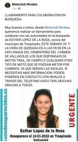 Mensaje del Motoclub Nivales en el que llama a colaborar en la búsqueda de Esther López.