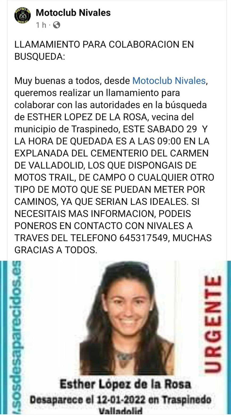 Mensaje del Motoclub Nivales en el que llama a colaborar en la búsqueda de Esther López.