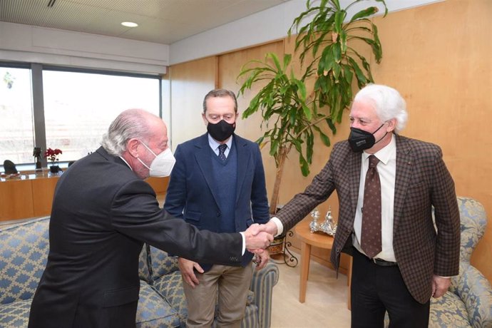 Fernando Rodríguez Villalobos, con el presidente de la Real Academia de Medicina de Andalucía Occidental en los últimos ocho años, Jesús Castiñeiras, y al delegado de la Orden de Malta, Miguel Enrile.