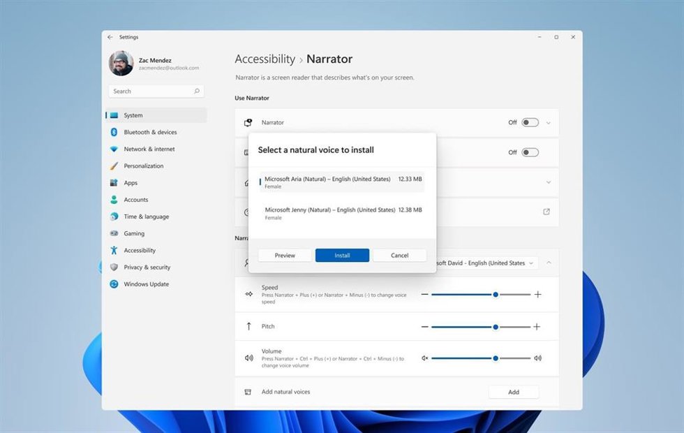 Nuevas voces del Narrador de Windows 11.