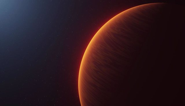 Impresión artística de WASP-189b, un exoplaneta que orbita alrededor de la estrella HD 133112, que es una de las estrellas más calientes que se sabe que tiene un sistema planetario.