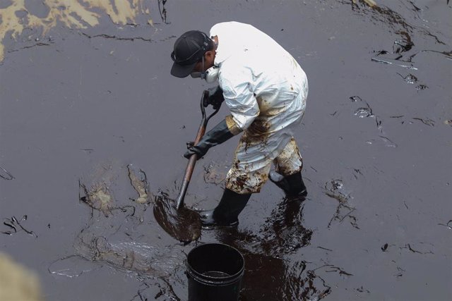 Labores de limpieza del vertido de petróleo en las costas de la capital de Perú, Lima