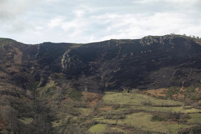 Vista general de un incendio forestal declarado ya extinguido en las inmediaciones de la localidad de Llanos de Somerón, a 3 de enero de 2022, en Lena, Asturias, (España). El Servicio de Emergencia del Principado de Asturias (SEPA) ha informado que a pr