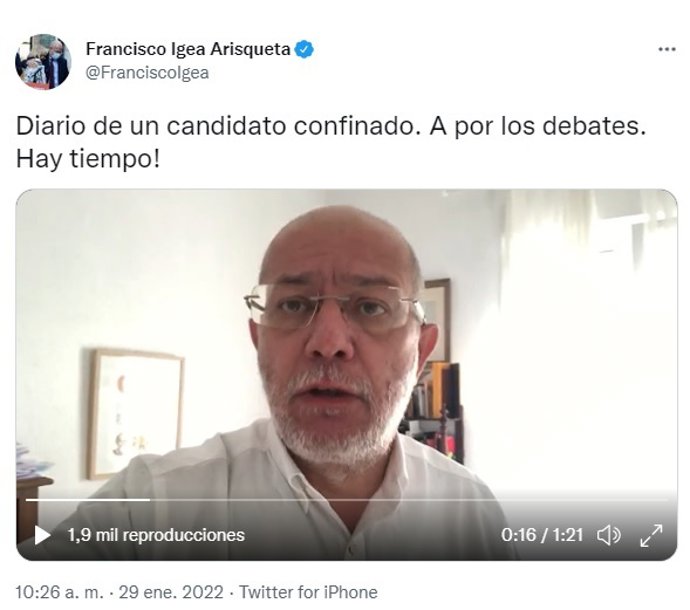 Imagen del mensaje del candidato de Cs a la Presidencia de la Junta, Francisco Igea.