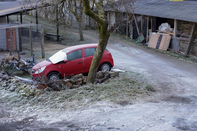 Detall sobre una fulla i gespa gelats al Parc Dos Comtes on la seva llacuna s'ha congelat per les baixes temperatures en Monforte de Lemos, a 26 de gener de 2022, a Lugo, Galícia (Espanya)