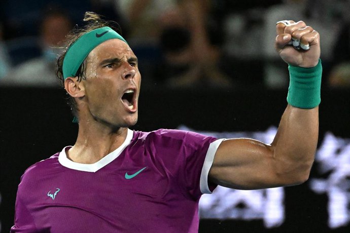 Rafael Nadal of Spain celebrates taking advantage during the mens singles final against Daniil Medvedev of Russia on Day 14 of the Australian Open at Melbourne Park in Melbourne, Sunday, January 30, 2022. (AAP Image/Dean Lewins) NO ARCHIVING, EDITORIAL