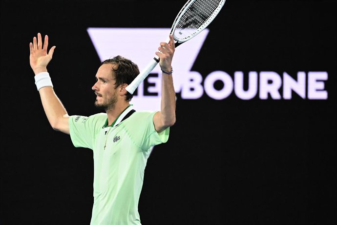 Daniil Medvedev of Russia celebrates winning the second set during the mens singles final against Daniil Medvedev of Russia on Day 14 of the Australian Open at Melbourne Park in Melbourne, Sunday, January 30, 2022. (AAP Image/Dave Hunt) NO ARCHIVING, E