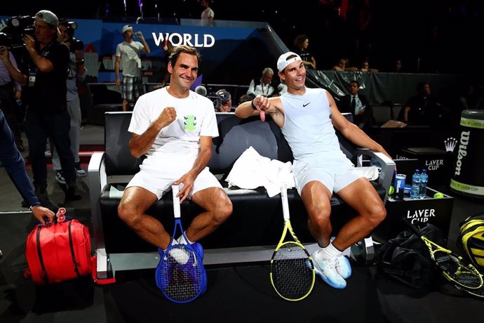 Archivo - Roger Federer y Rafa Nadal en un entreno de la Laver Cup