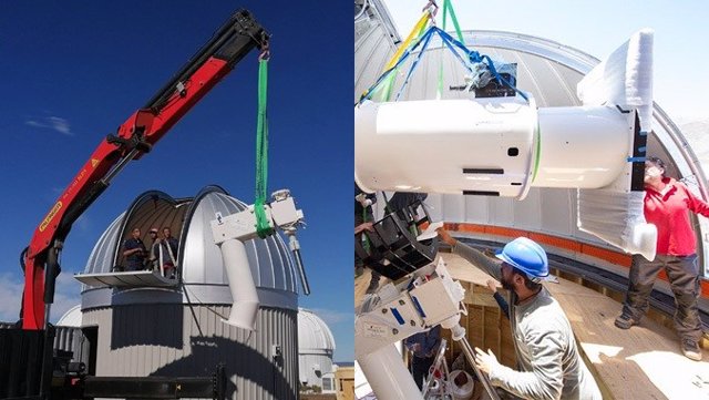 Izquierda: Estación Sutherland ATLAS durante su construcción en Sudáfrica. Derecha: Ingenieros y astrónomos chilenos instalando el telescopio ATLAS en el Observatorio El Sauce.