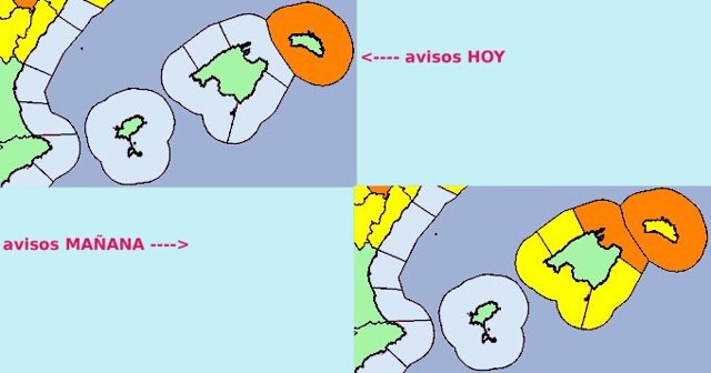 Mapa de alertas de la Aemet en Baleares.